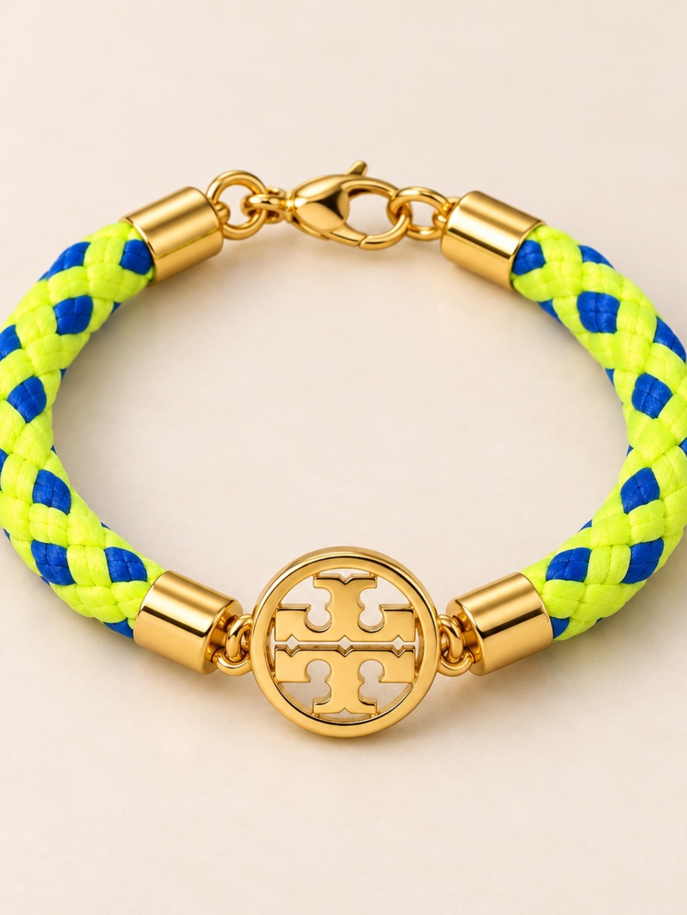 Tory Burch Neon Yellow Blue Braided Logo Bracelet NWT 6.75”